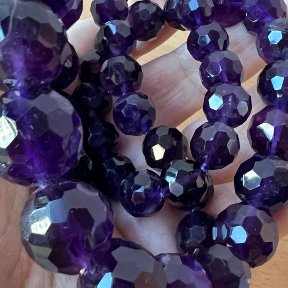 VINTAGE HUGE ROUND FACETED AMETHYST BEADS LONG NECKLACE 14K LOCK CABOCHON STONE - Picture 15 of 16